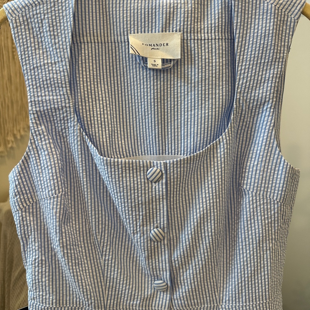 Tuckernuck Pomander Place Blue White Seersucker Dress S Button Front Fit, Midi - Picture 3 of 7